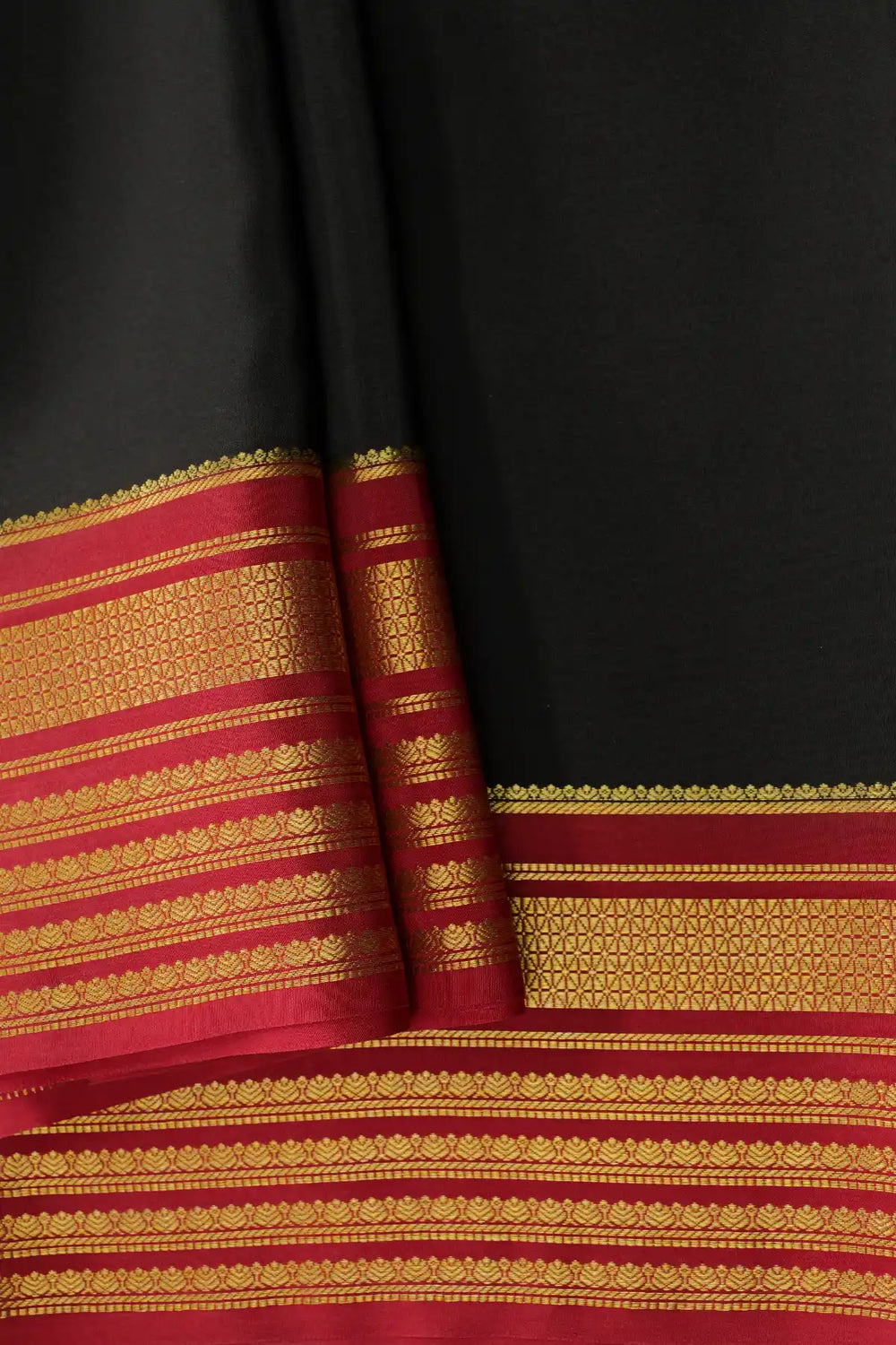 Mysore silk saree with contrast red border and gold work