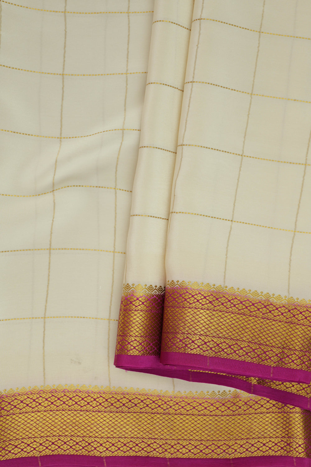 Mysore silk sarees in white with pink contrast blouse and gold borde
