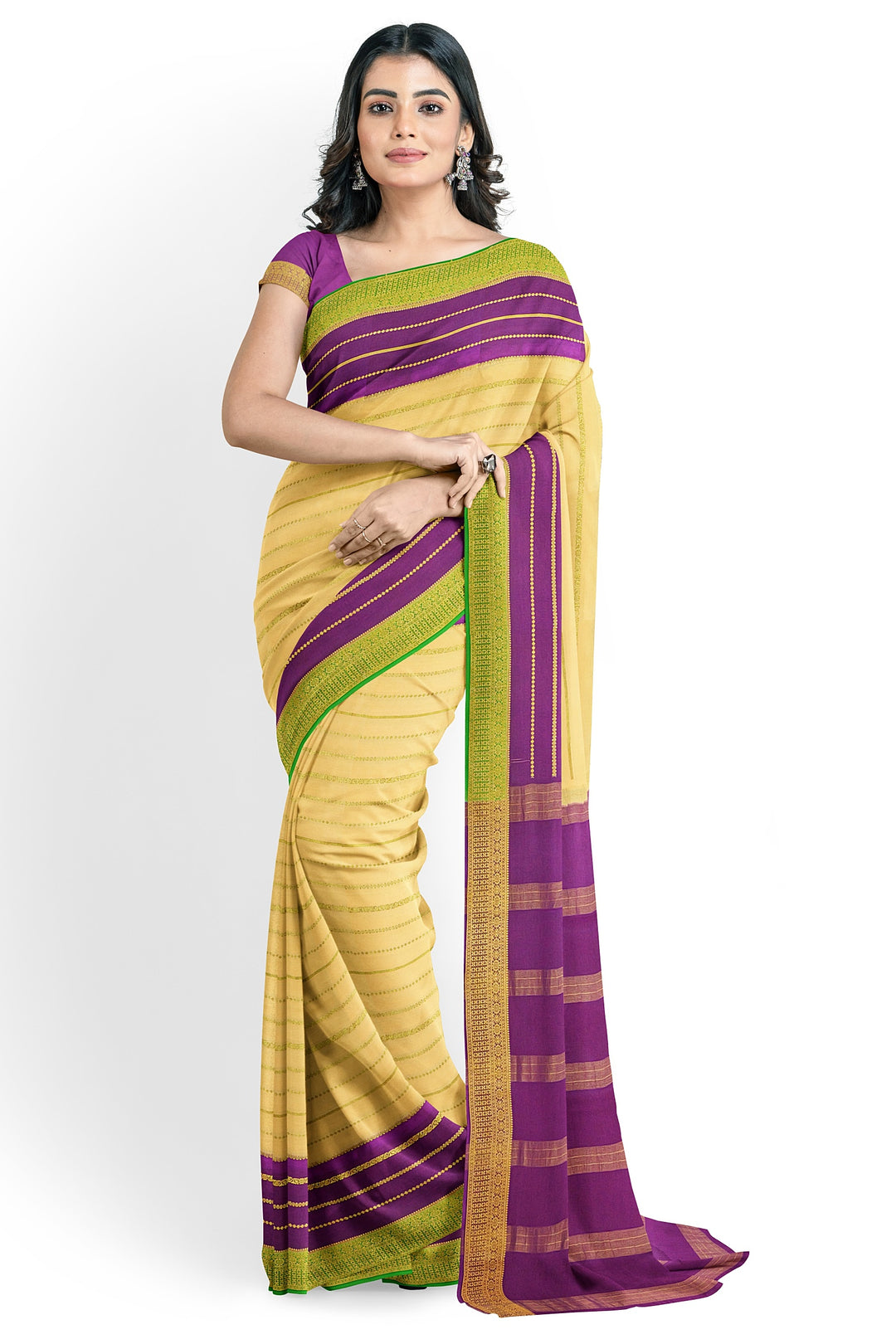 Cream Pure Mysore Crepe Silk 3D Saree | SILK MARK CERTIFIED