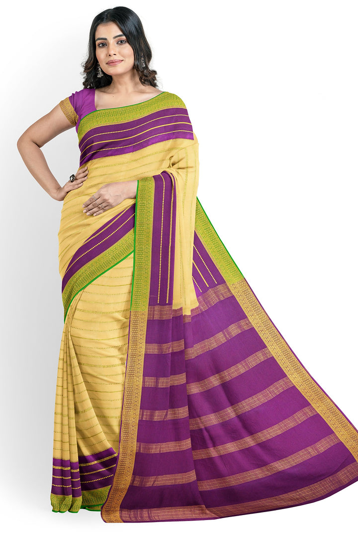 Cream Pure Mysore Crepe Silk 3D Saree | SILK MARK CERTIFIED