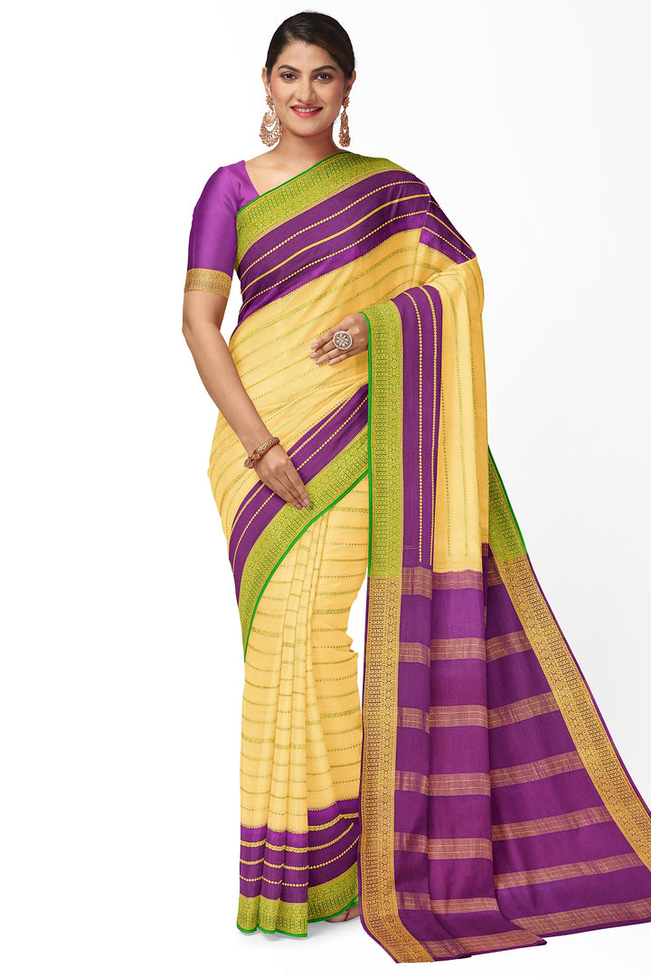 Cream Pure Mysore Crepe Silk 3D Saree | SILK MARK CERTIFIED