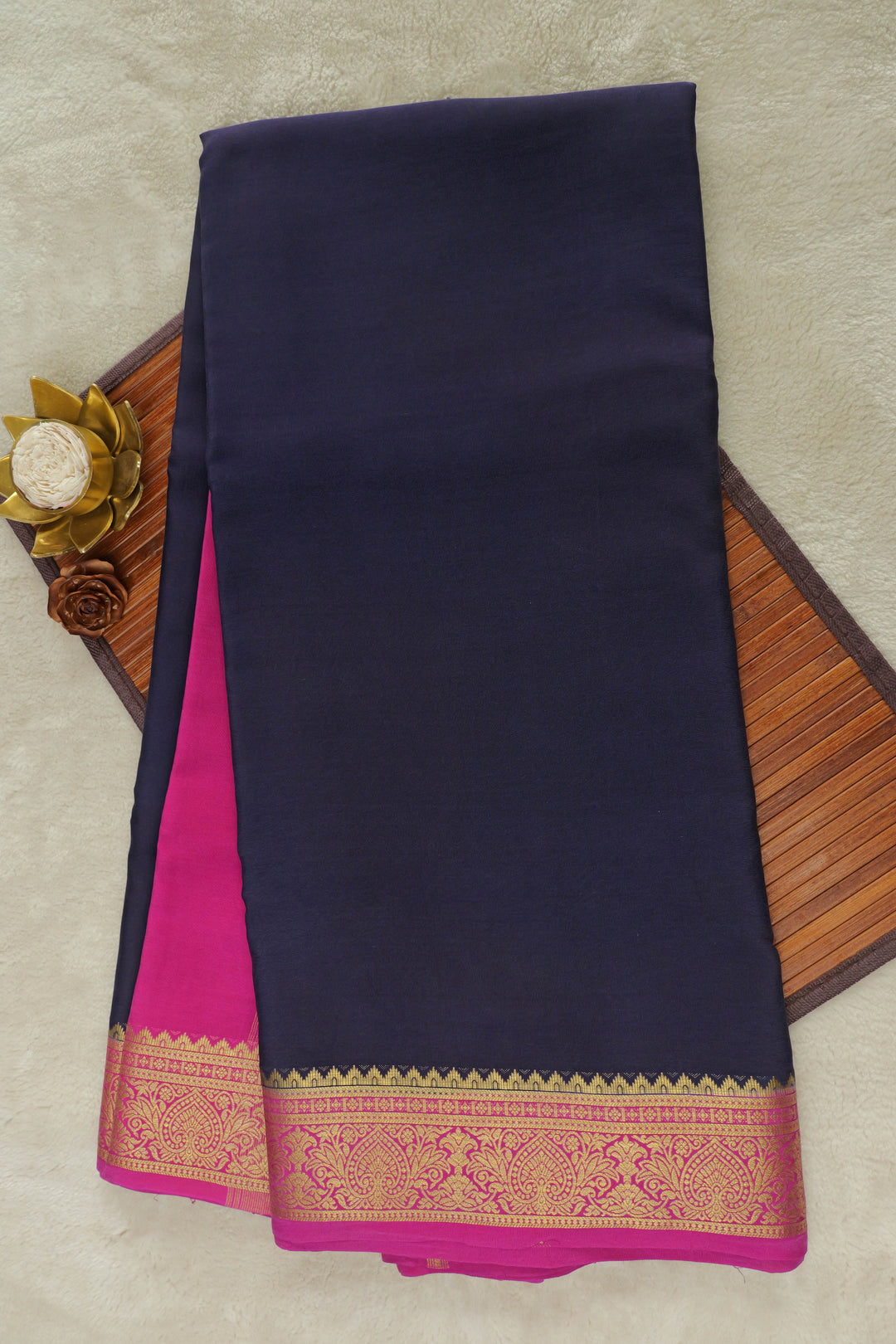 NAVY BLUE WITH PINK BORDER IN MYSORE SILK SAREES