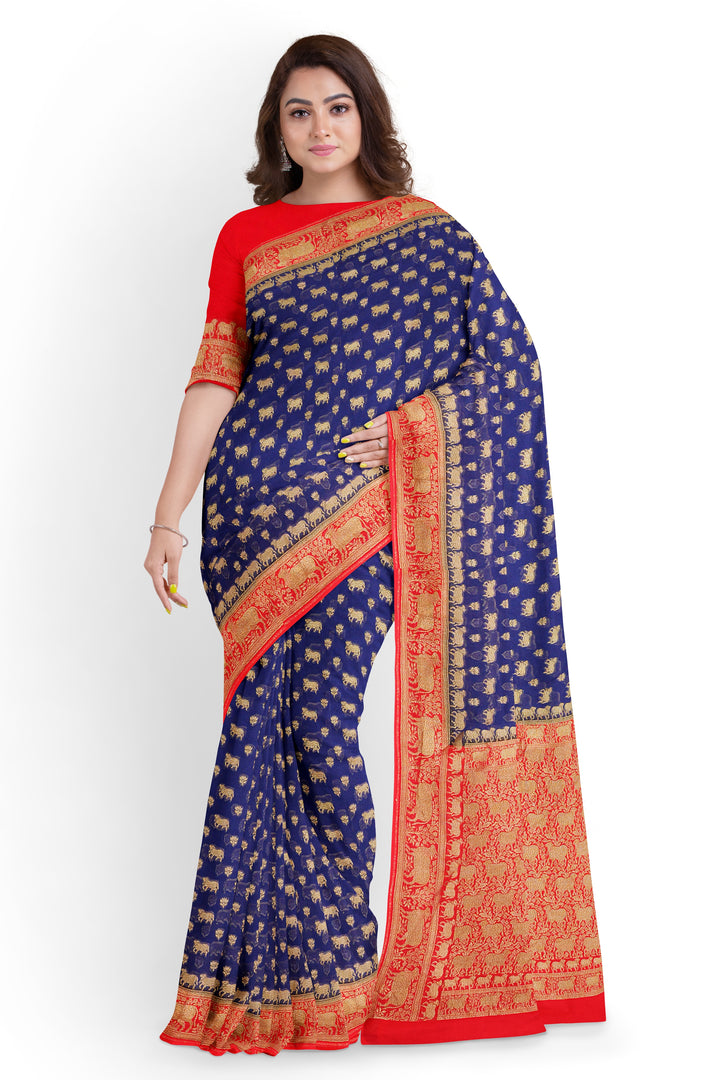 Handwoven Royal Blue Silk Georgette Khadi Saree- Antique Contrast | SILK MARK CERTIFIED