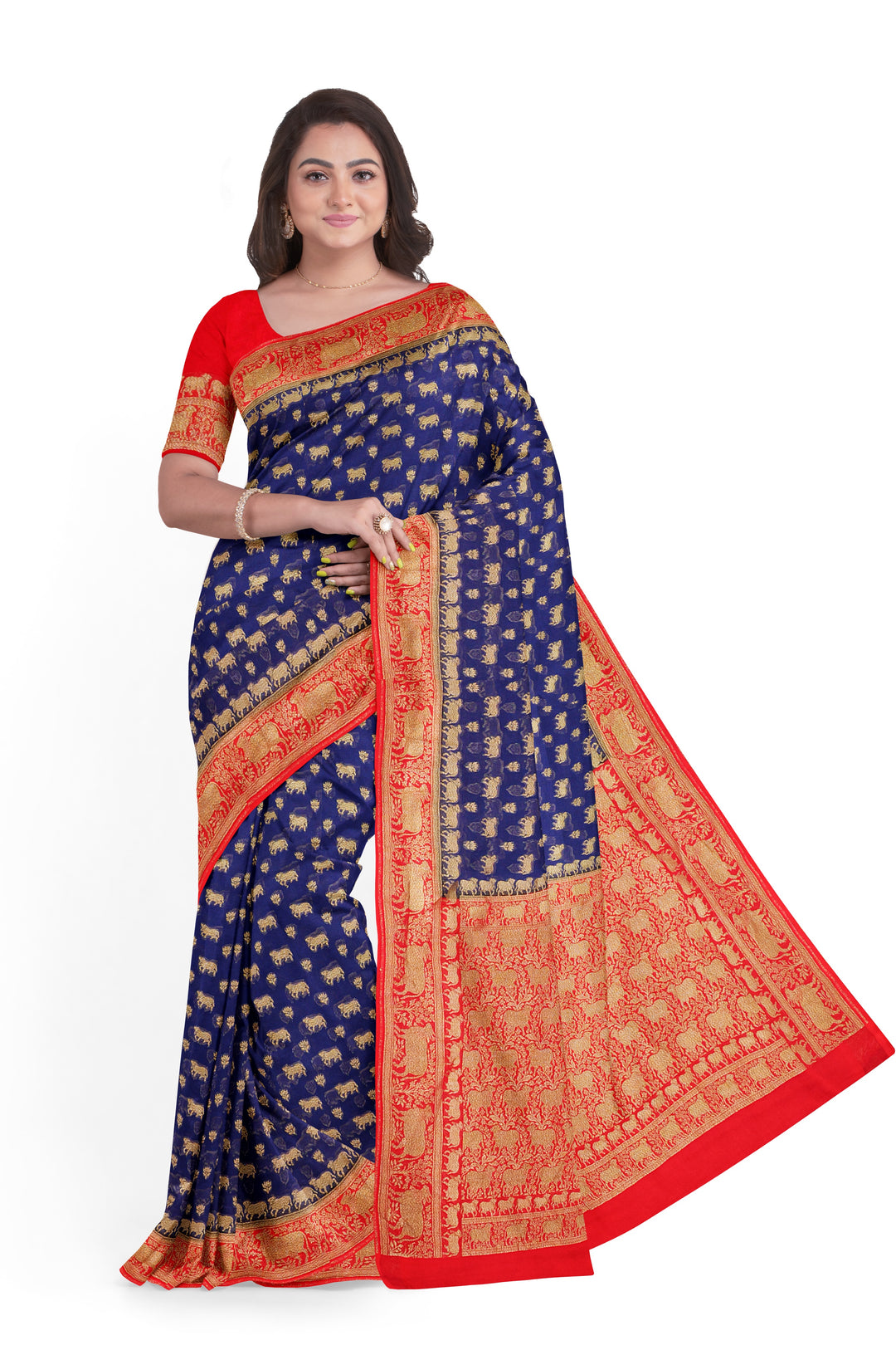 Handwoven Royal Blue Silk Georgette Khadi Saree- Antique Contrast | SILK MARK CERTIFIED