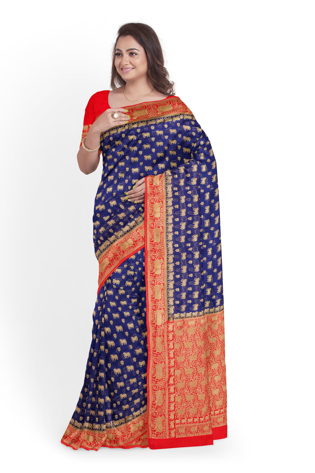 Handwoven Royal Blue Silk Georgette Khadi Saree- Antique Contrast | SILK MARK CERTIFIED - ATHARVA