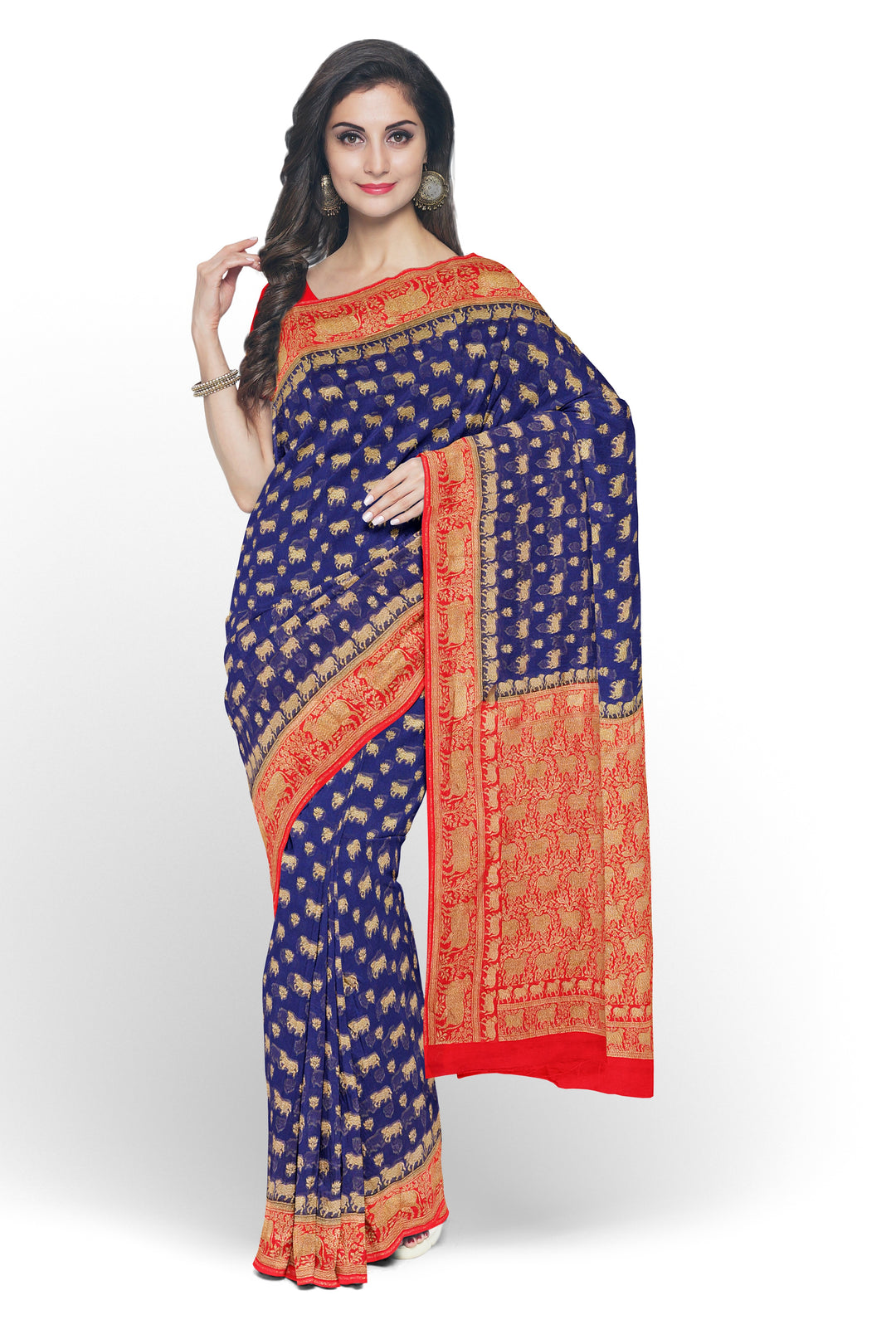 Handwoven Royal Blue Silk Georgette Khadi Saree- Antique Contrast | SILK MARK CERTIFIED