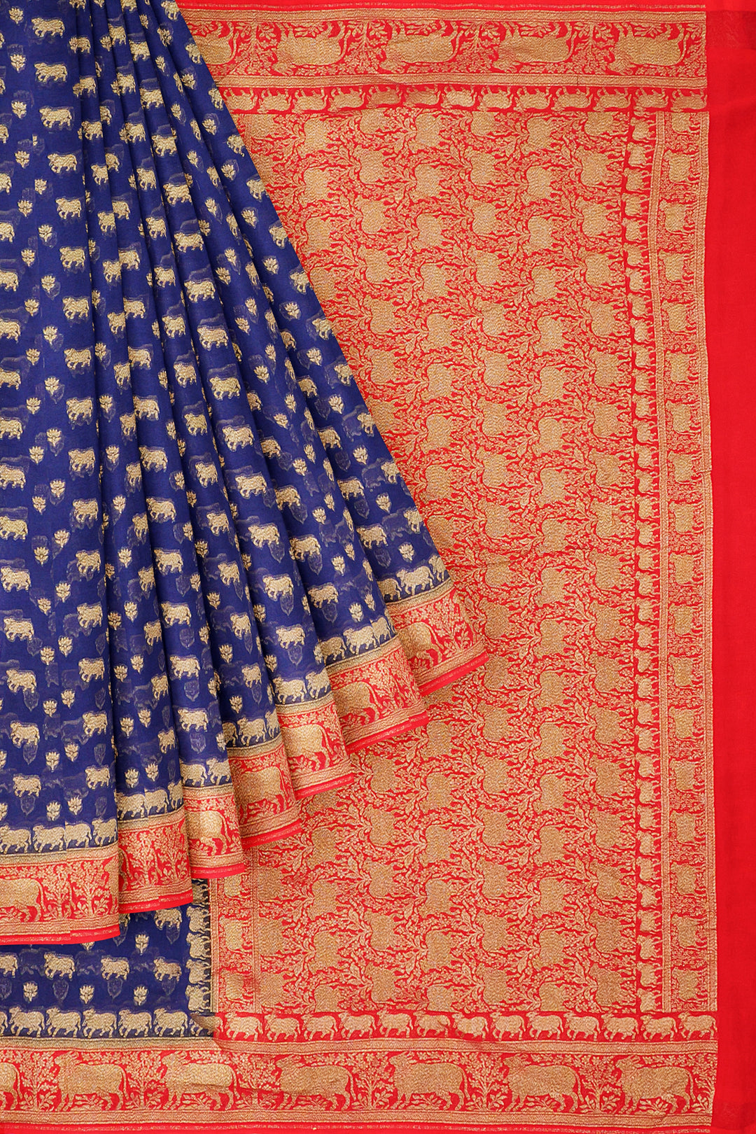 Handwoven Royal Blue Silk Georgette Khadi Saree- Antique Contrast | SILK MARK CERTIFIED