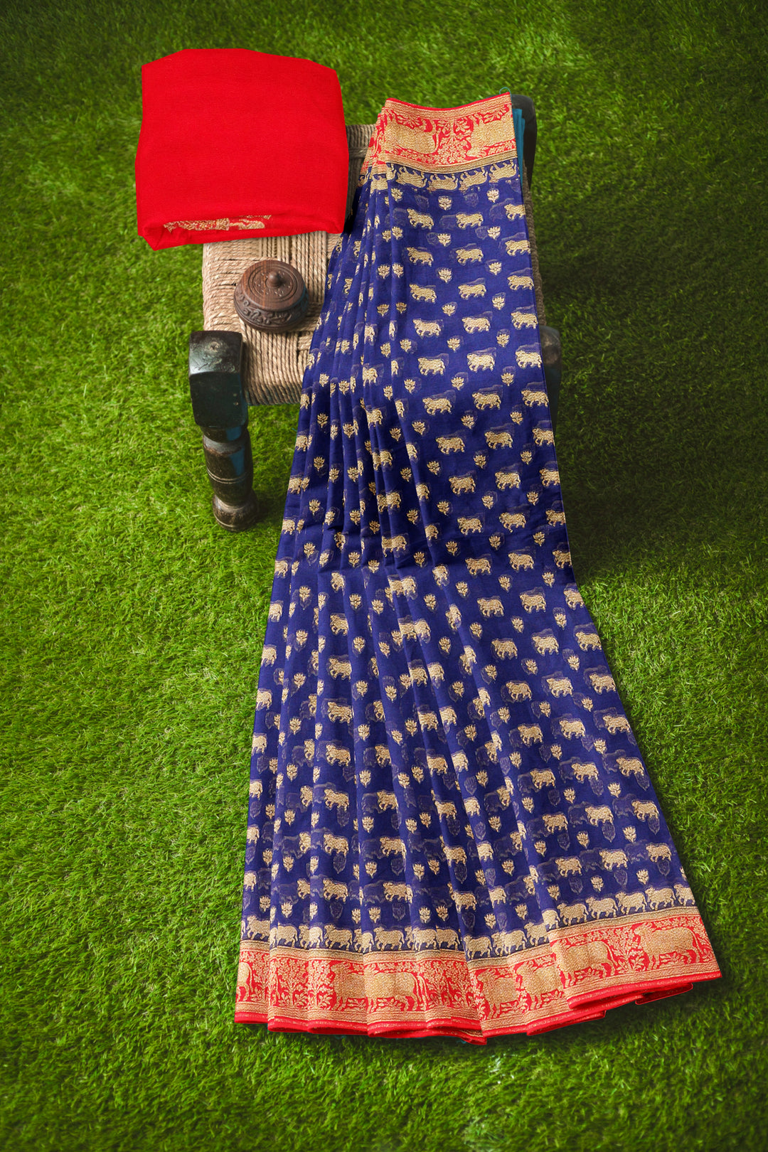 Handwoven Royal Blue Silk Georgette Khadi Saree- Antique Contrast | SILK MARK CERTIFIED