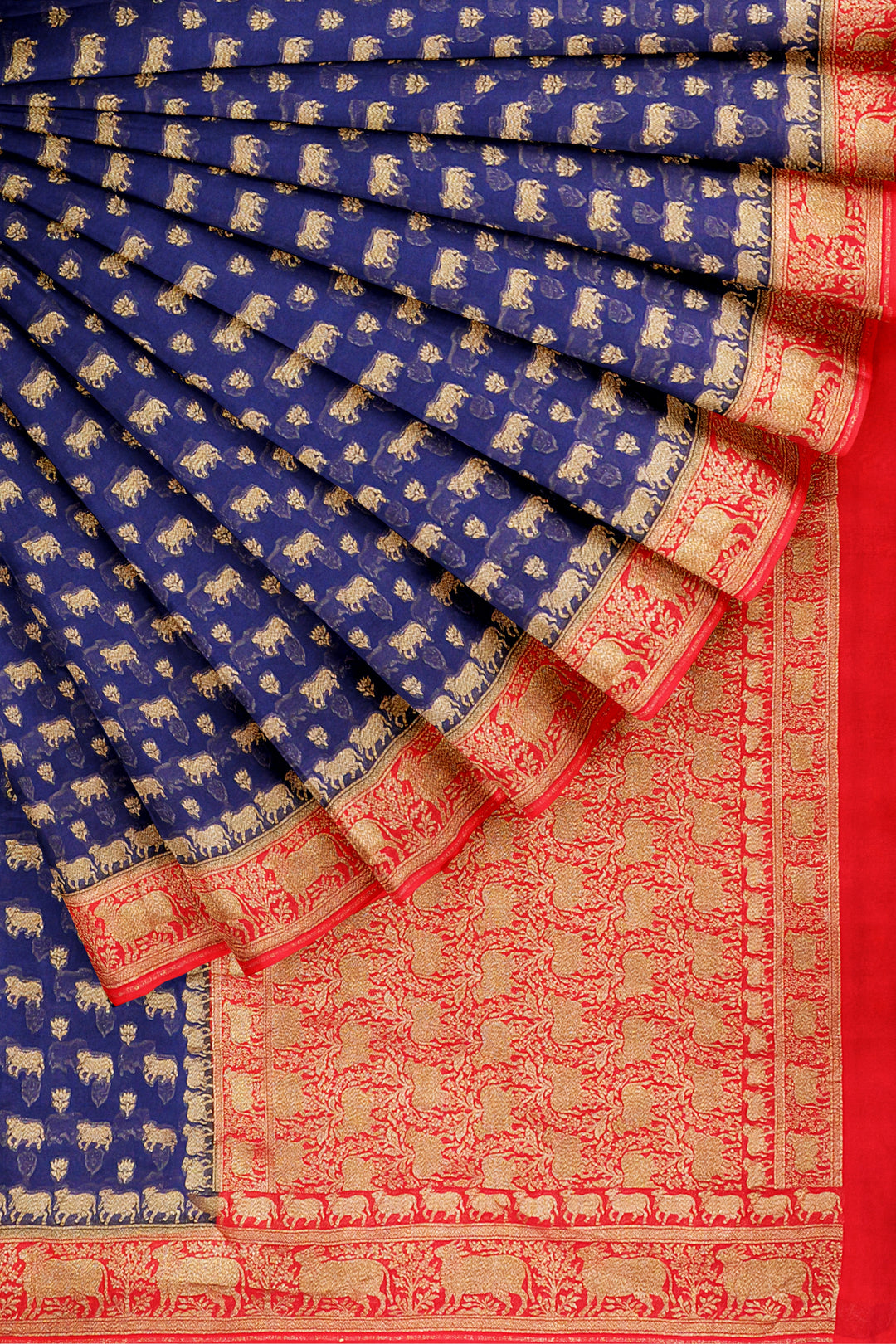 Handwoven Royal Blue Silk Georgette Khadi Saree- Antique Contrast | SILK MARK CERTIFIED