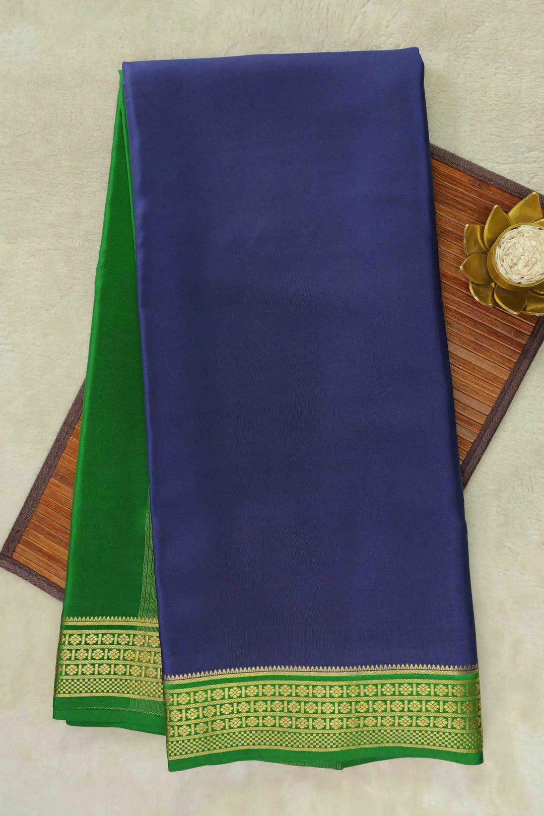 Navy Blue Mysore Silk Saree with Green Border and Gold Zari
