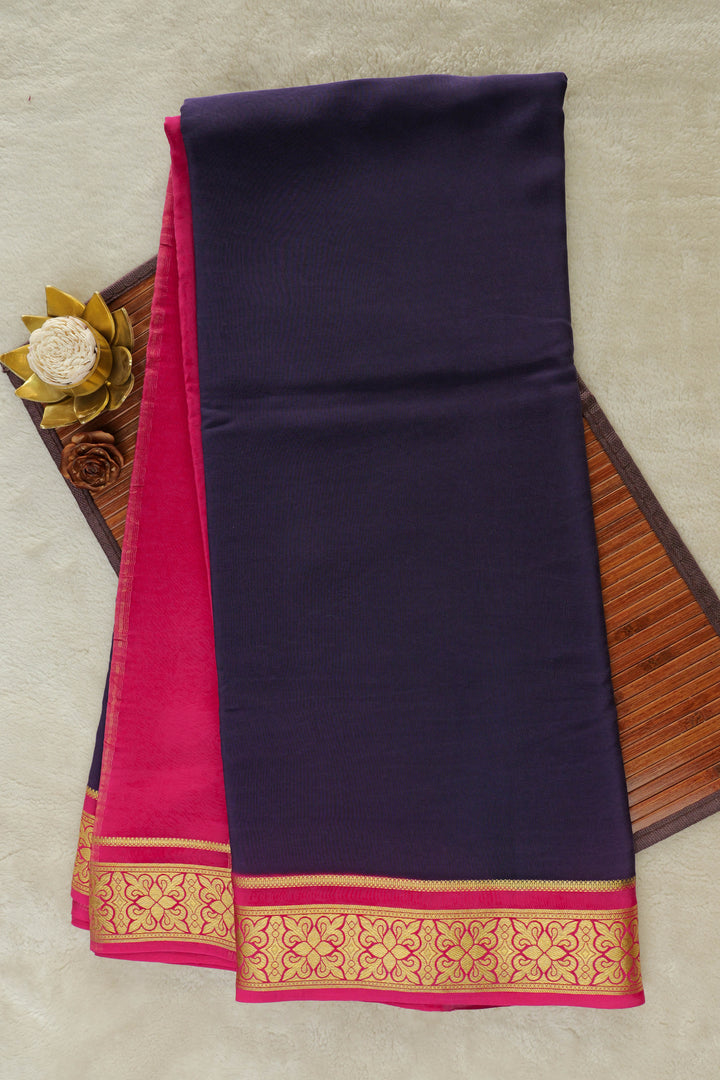 Navy Blue Mysore Silk Saree with Pink Contrast Pallu