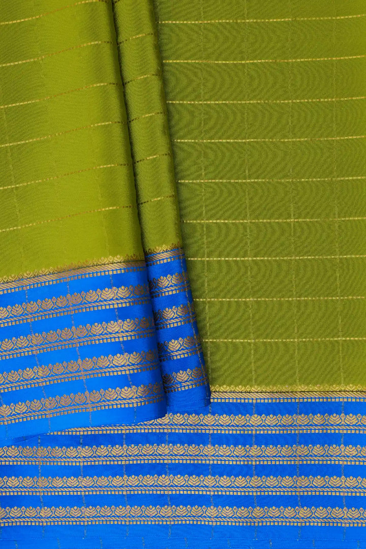 Olive Green Mysore Silk Saree Blue Gold Striped Border