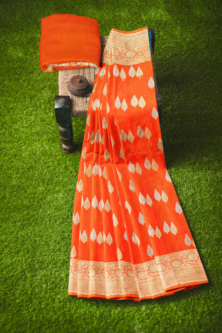 ORANGE COLOUR BLENDED KATAN SILK BANARASI HANDLOOM SAREE - ATHARVA