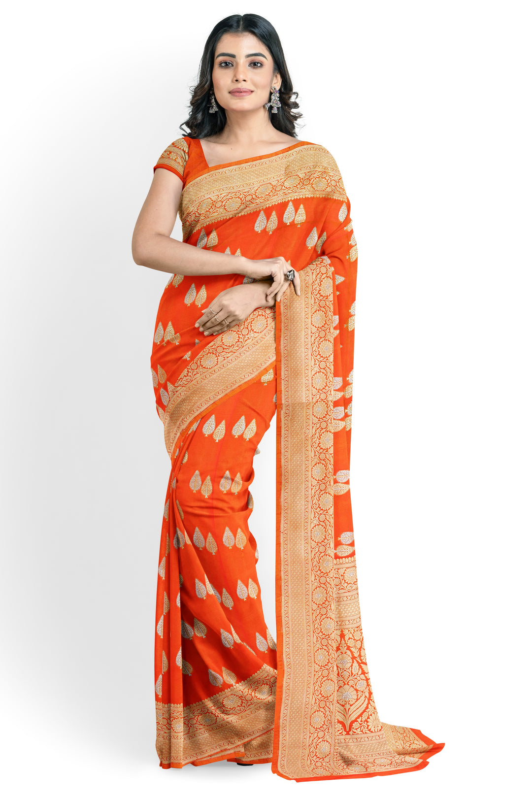 ORANGE COLOUR BLENDED KATAN SILK BANARASI HANDLOOM SAREE - ATHARVA