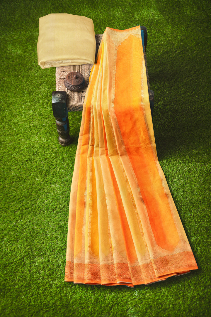 Pastel Orange Rangkat Khaddi Georgette Handloom Banarasi Saree | SILK MARK CERTIFIED - ATHARVA