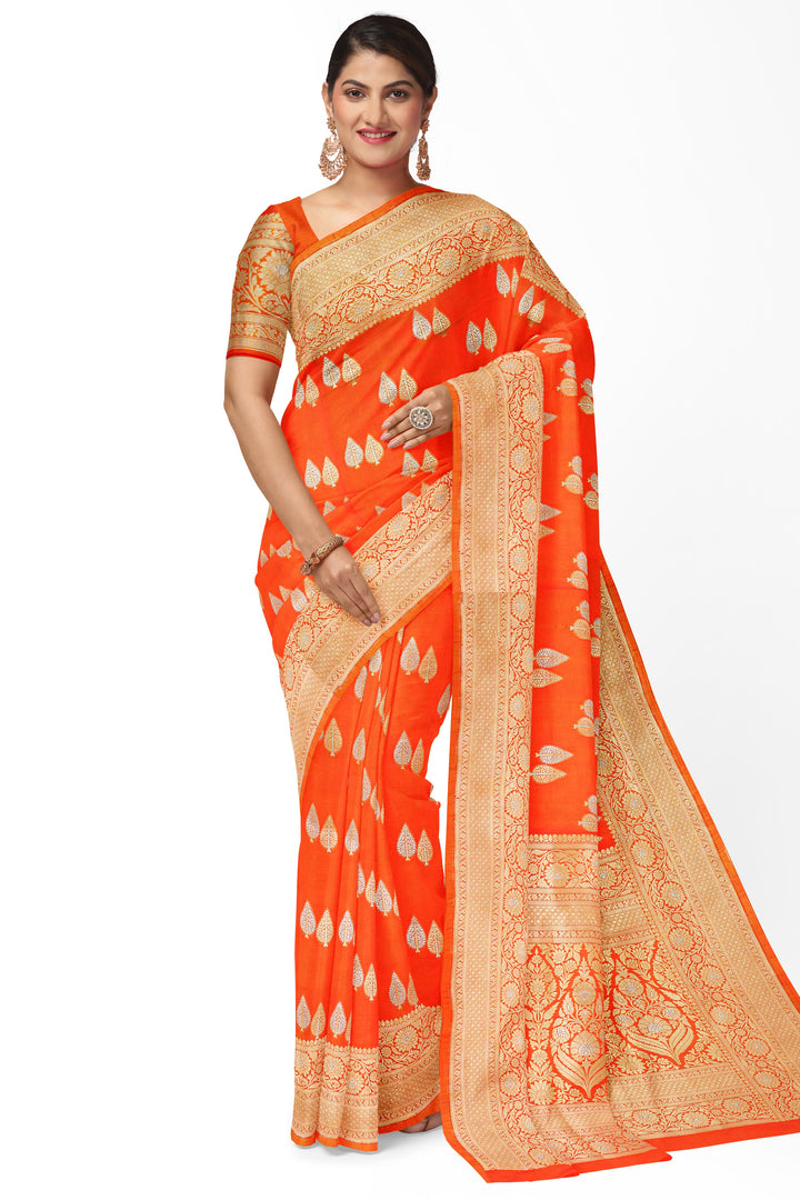 ORANGE COLOUR BLENDED KATAN SILK BANARASI HANDLOOM SAREE - ATHARVA