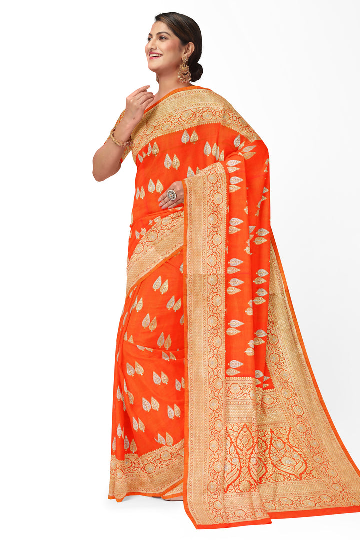 ORANGE COLOUR BLENDED KATAN SILK BANARASI HANDLOOM SAREE - ATHARVA