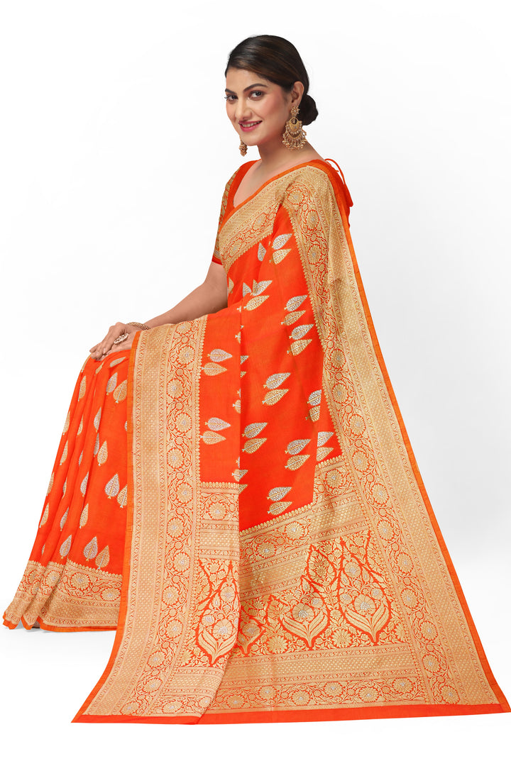 ORANGE COLOUR BLENDED KATAN SILK BANARASI HANDLOOM SAREE - ATHARVA