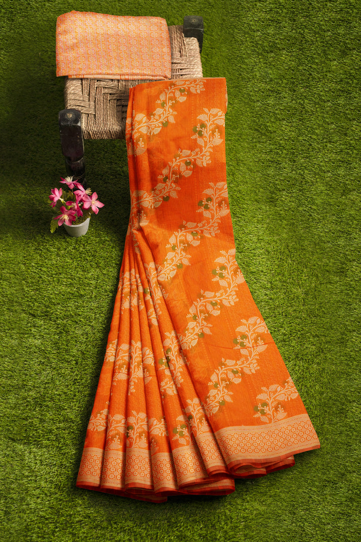 ORANGE COLOUR BLENDED CHANDERI COTTON BANARASI HANDLOOM SAREE