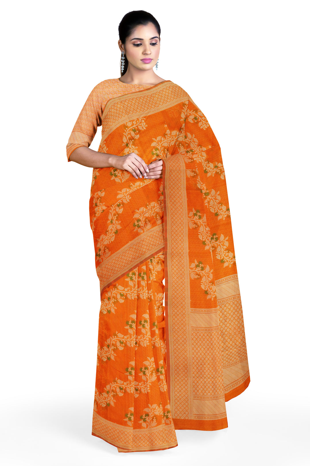 ORANGE COLOUR BLENDED CHANDERI COTTON BANARASI HANDLOOM SAREE