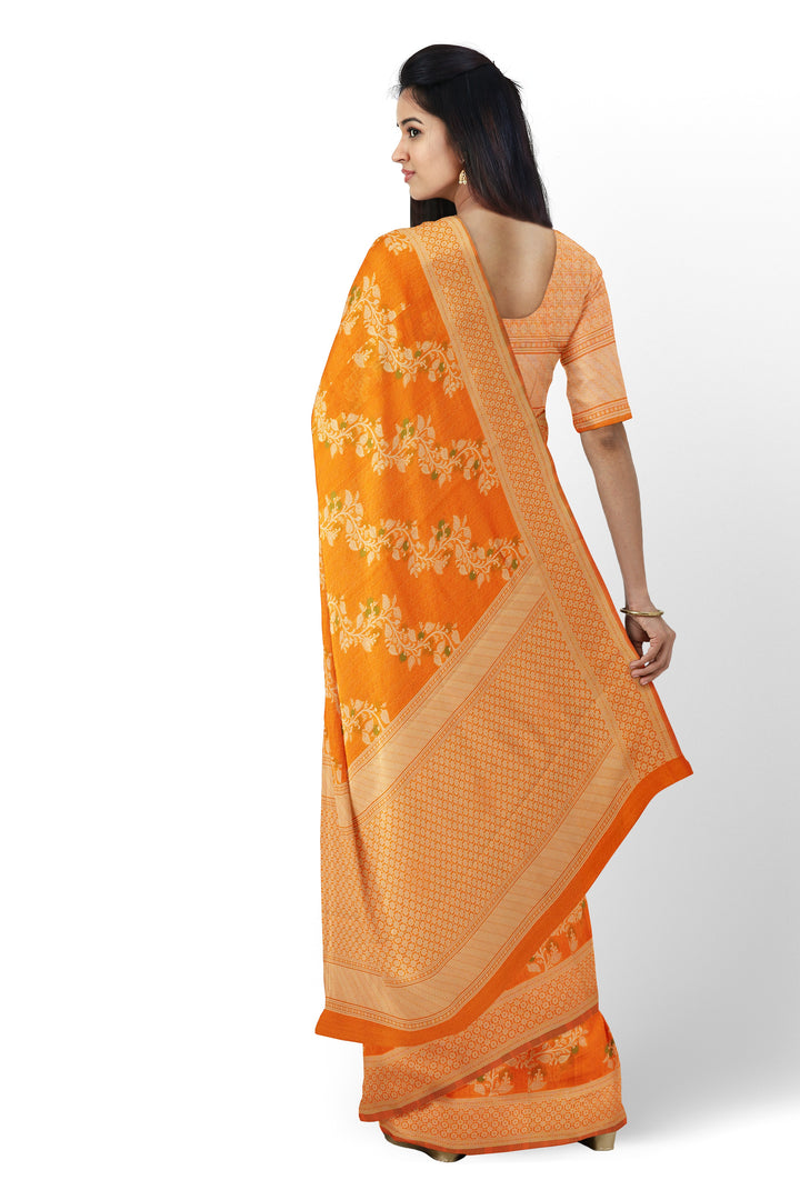 ORANGE COLOUR BLENDED CHANDERI COTTON BANARASI HANDLOOM SAREE