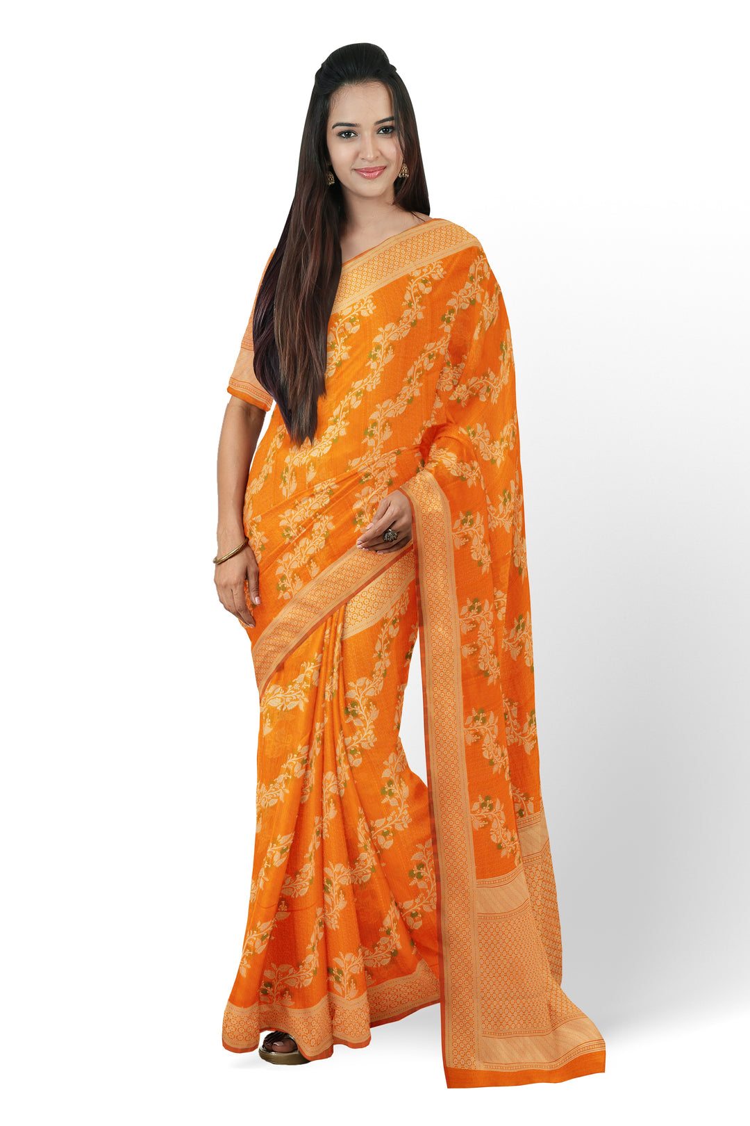 ORANGE COLOUR BLENDED CHANDERI COTTON BANARASI HANDLOOM SAREE