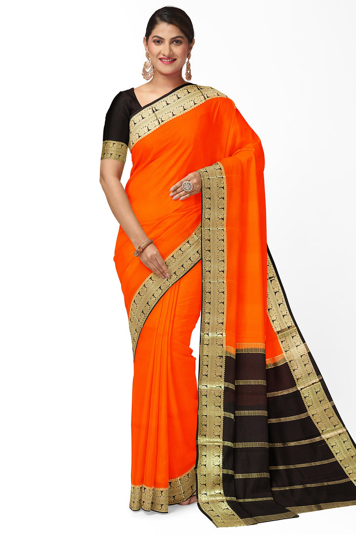 Orange Pure Mysore Crepe Silk Saree | SILK MARK CERTIFIED