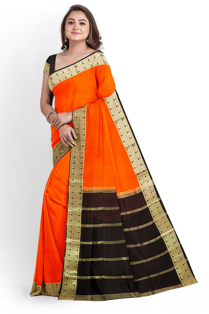 Orange Pure Mysore Crepe Silk Saree | SILK MARK CERTIFIED