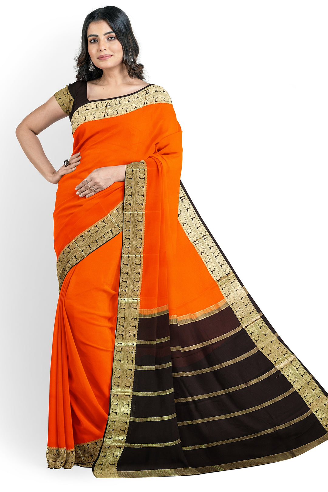 Orange Pure Mysore Crepe Silk Saree | SILK MARK CERTIFIED