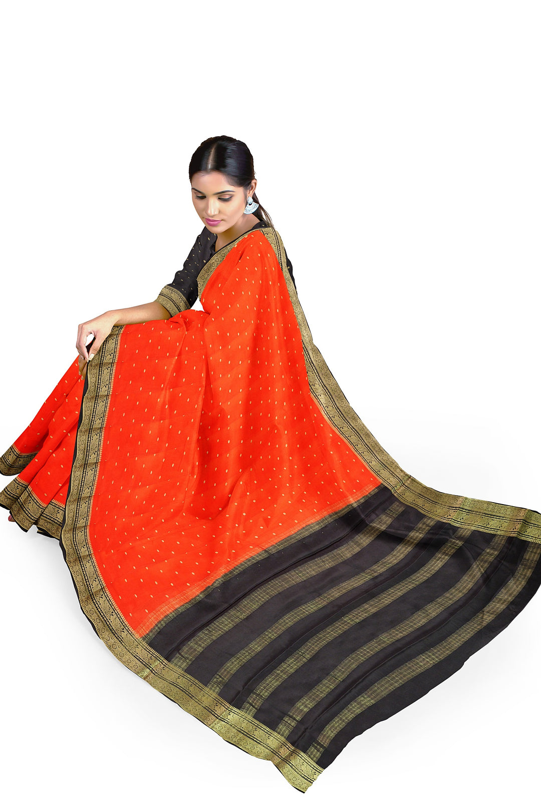 Orange Butta Pure Mysore Crepe Silk Saree | SILK MARK CERTIFIED