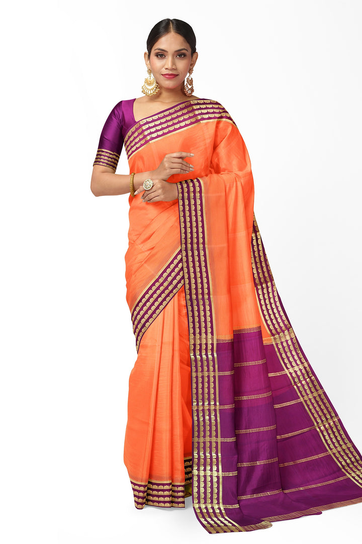 Orange Pure Mysore Crepe Silk Saree | SILK MARK CERTIFIED