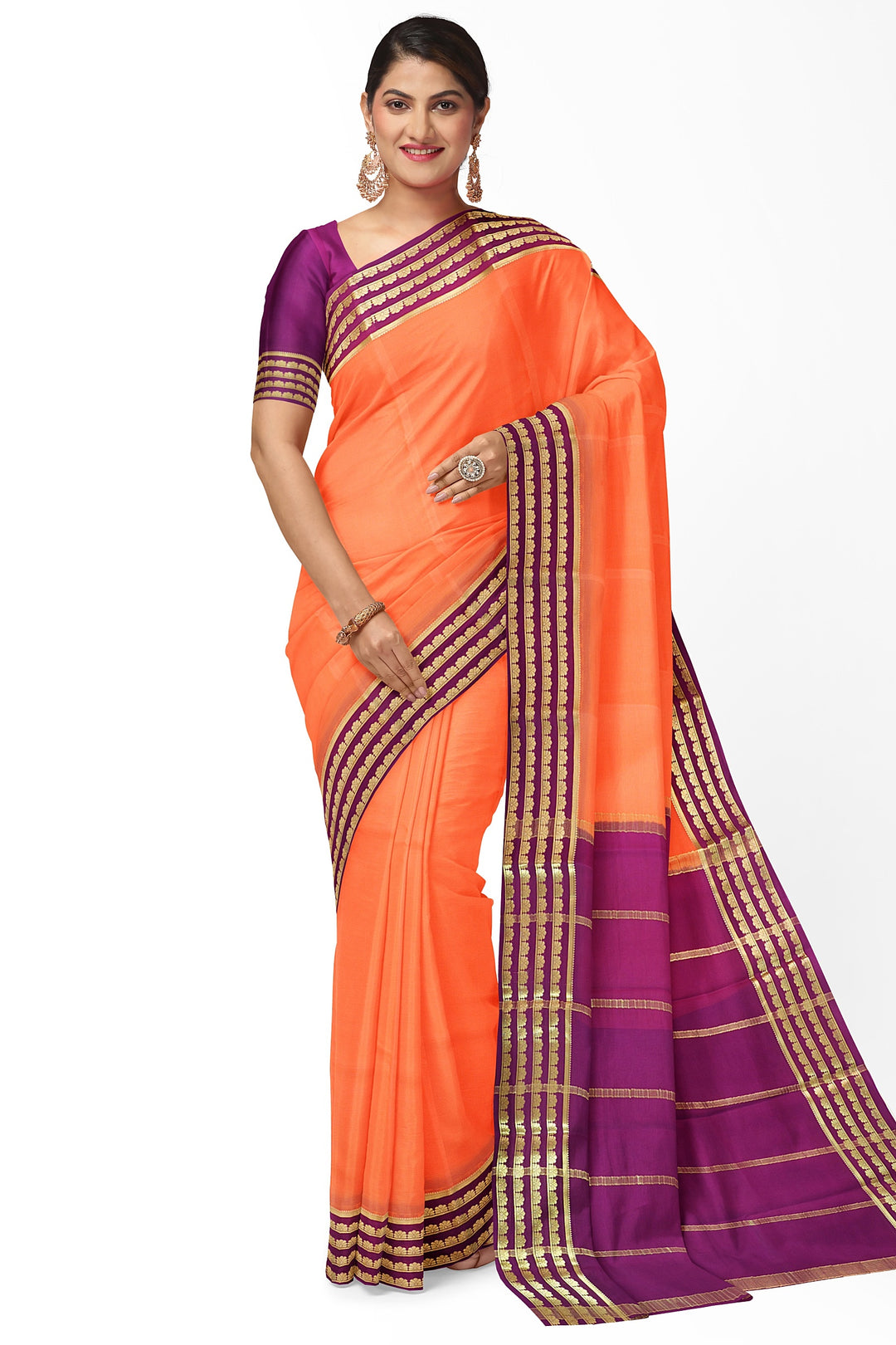 Orange Pure Mysore Crepe Silk Saree | SILK MARK CERTIFIED