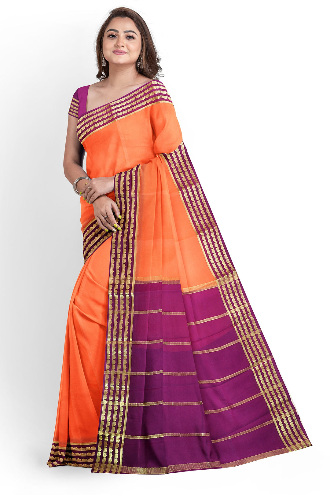 Orange Pure Mysore Crepe Silk Saree | SILK MARK CERTIFIED