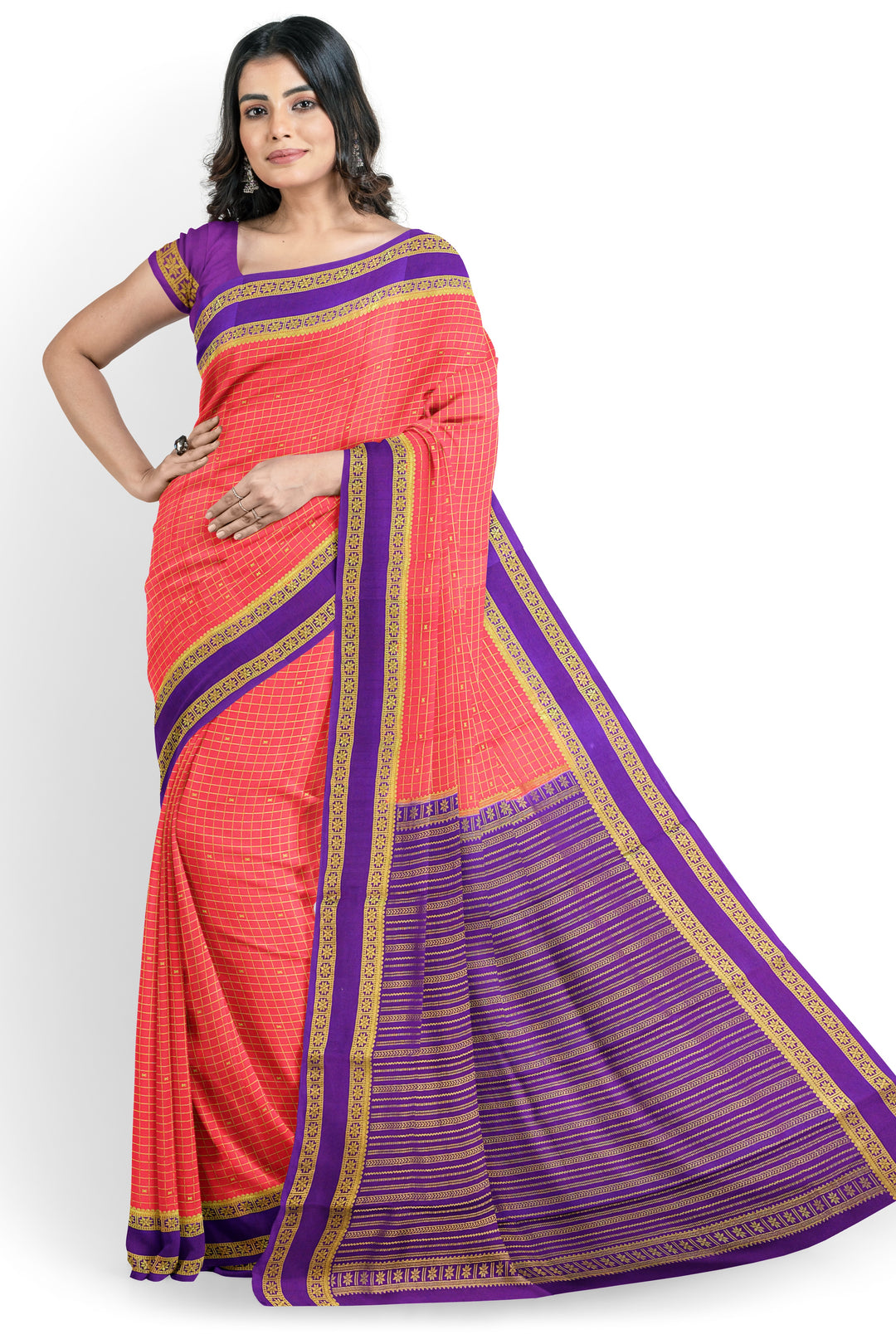 Orange Checks Pure Mysore Crepe Silk Saree | SILK MARK CERTIFIED