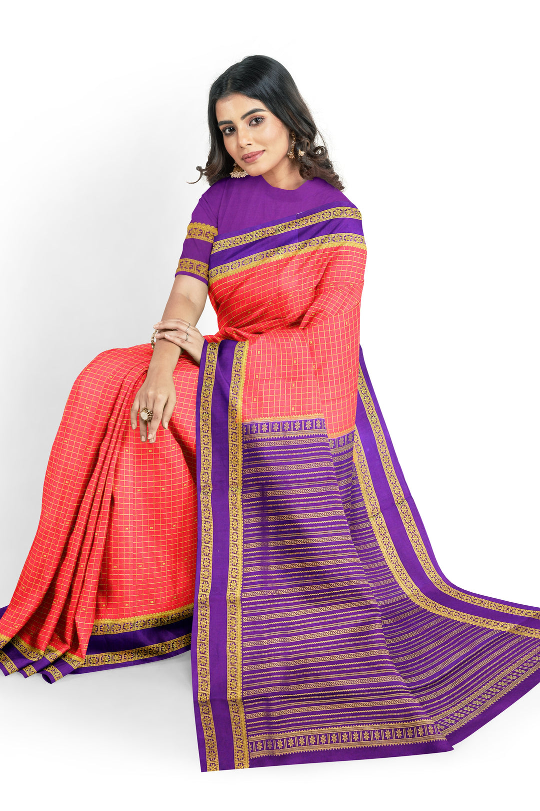 Orange Checks Pure Mysore Crepe Silk Saree | SILK MARK CERTIFIED