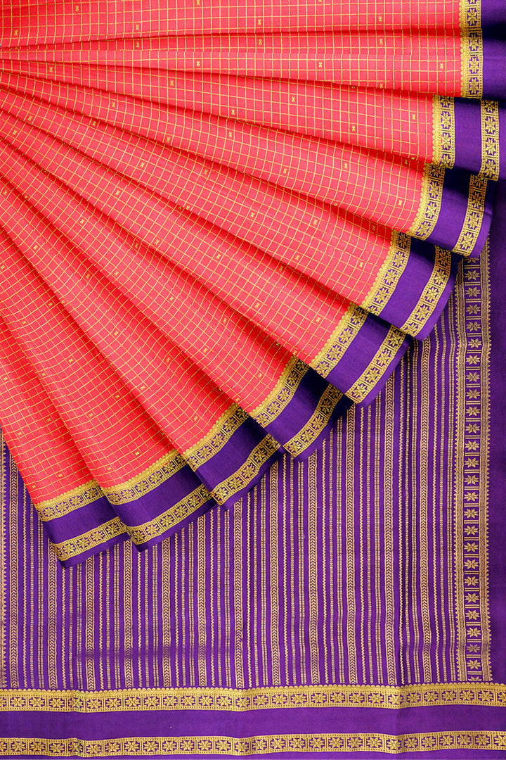 Orange Checks Pure Mysore Crepe Silk Saree | SILK MARK CERTIFIED