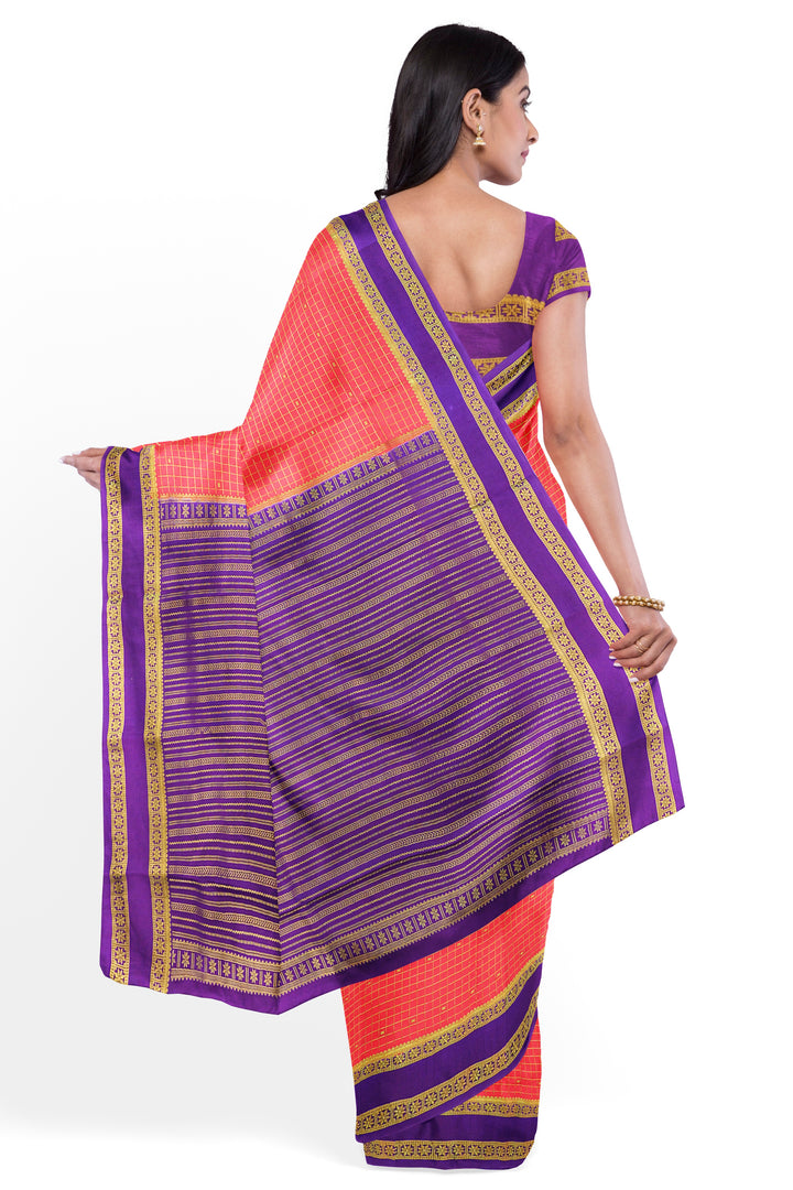 Orange Checks Pure Mysore Crepe Silk Saree | SILK MARK CERTIFIED