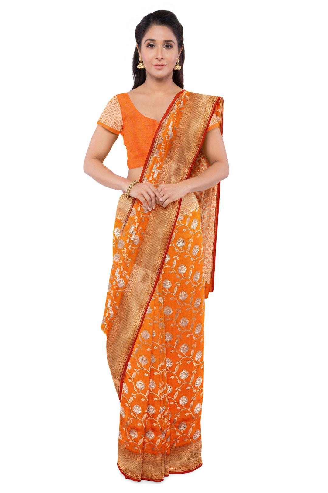 ORANGE BANARASI BLENDED KATAN SILK HANDLOOM SAREE - ATHARVA