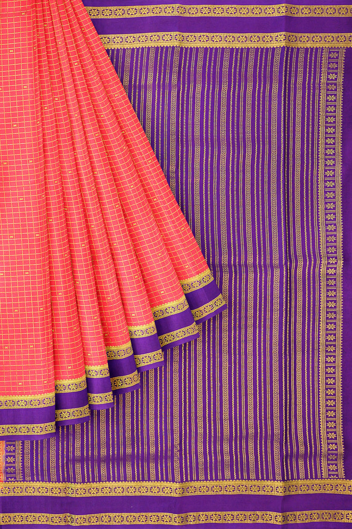 Orange Checks Pure Mysore Crepe Silk Saree | SILK MARK CERTIFIED