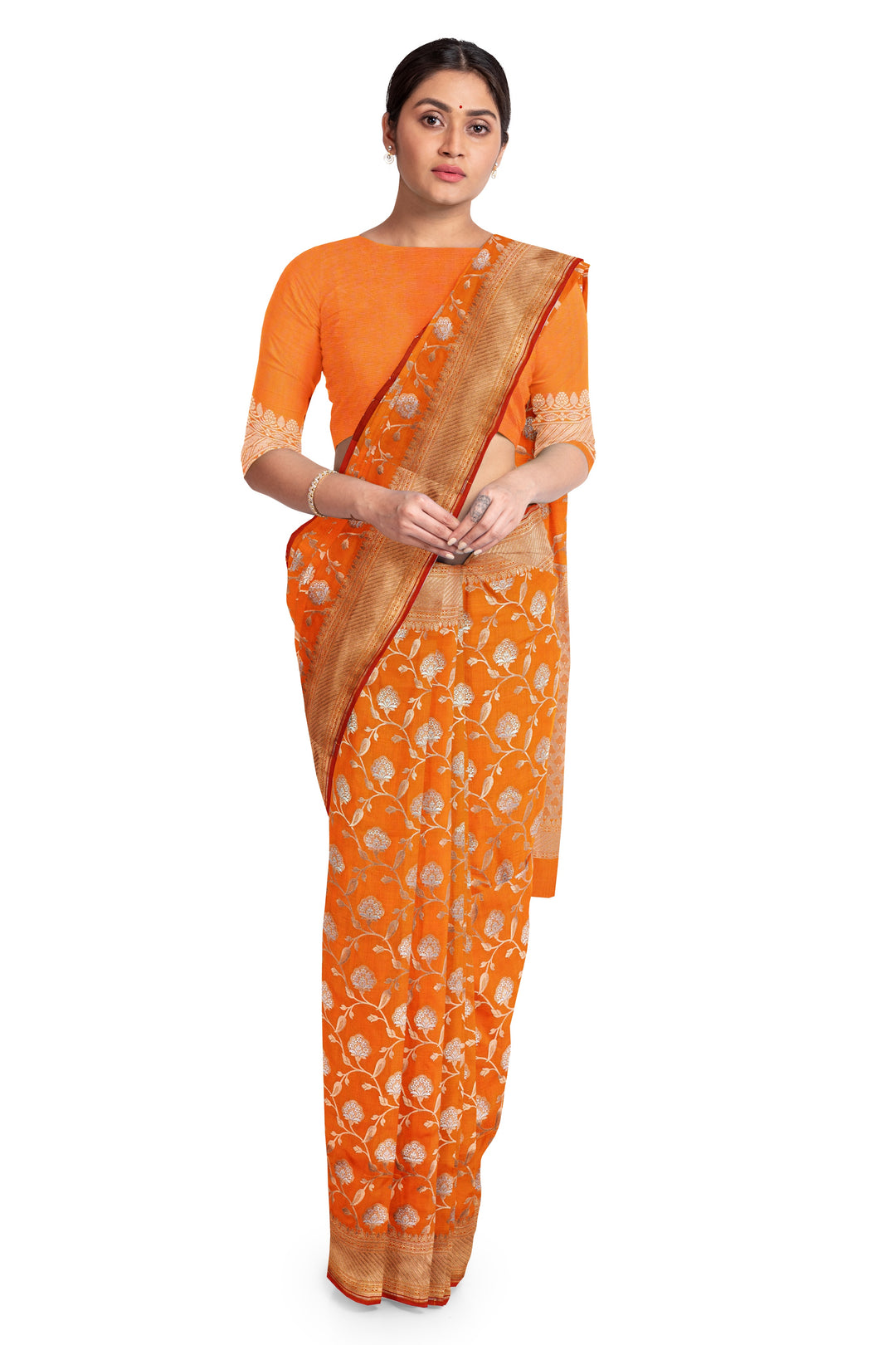 ORANGE BANARASI BLENDED KATAN SILK HANDLOOM SAREE - ATHARVA