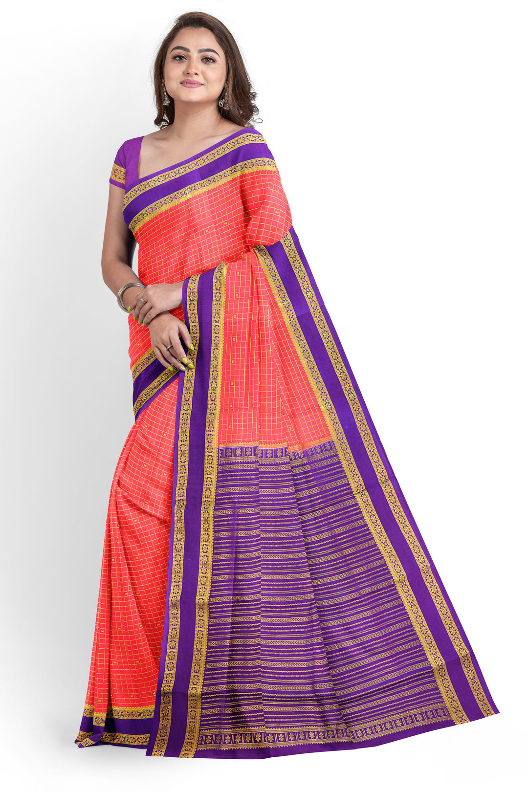 Orange Checks Pure Mysore Crepe Silk Saree | SILK MARK CERTIFIED