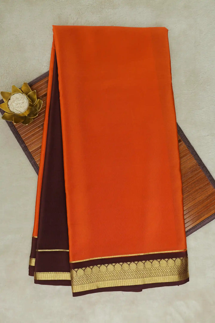 Orange Mysore Silk Saree with Brown Border and Gold Zari