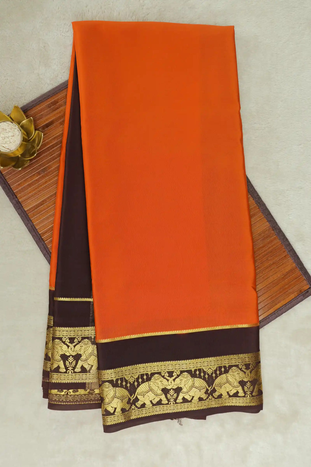 Orange Mysore Silk Saree with Brown and Elephant Border