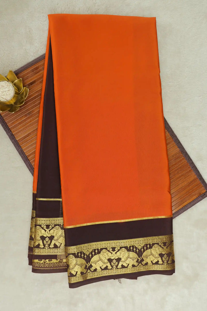 Orange Mysore Silk Saree with Brown and Elephant Border