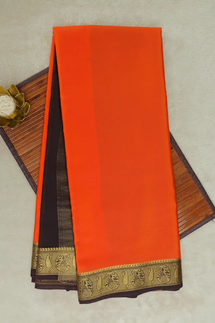 Orange Mysore Silk Saree with Brown and Gold Border