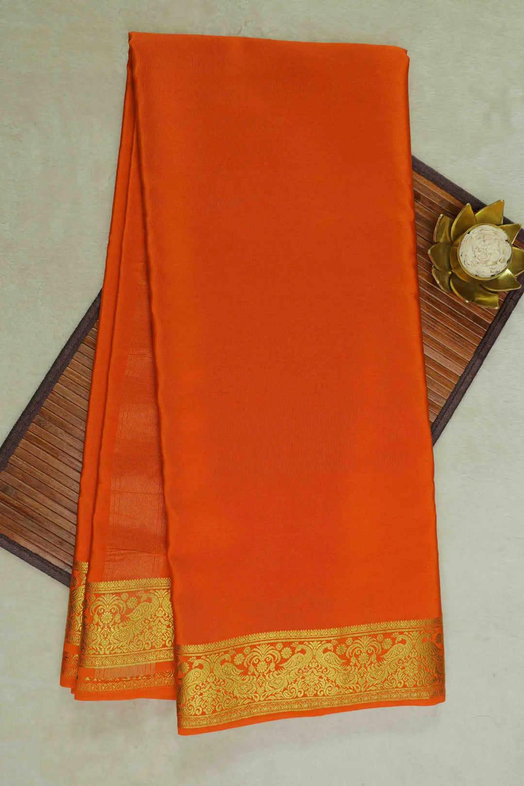 Orange Mysore Silk Saree with Golden double peacock Border