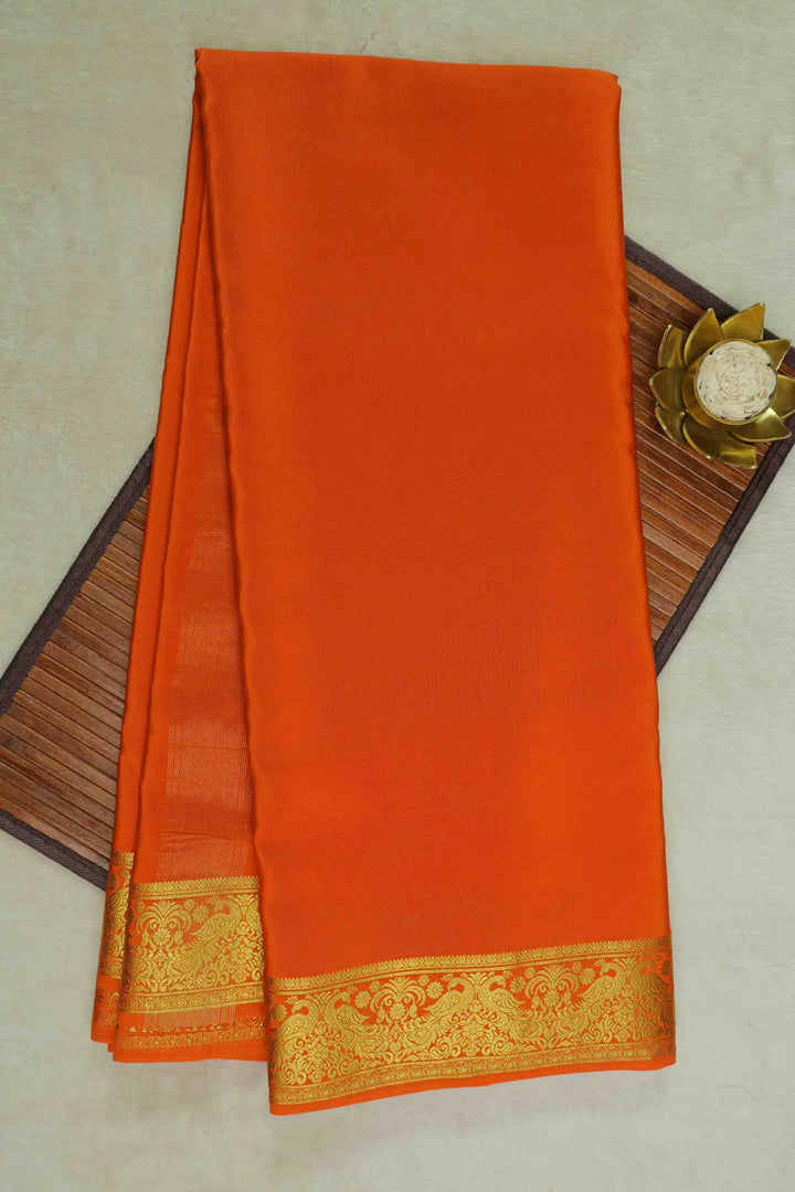 Orange Mysore Silk Saree with Golden double peacock Border