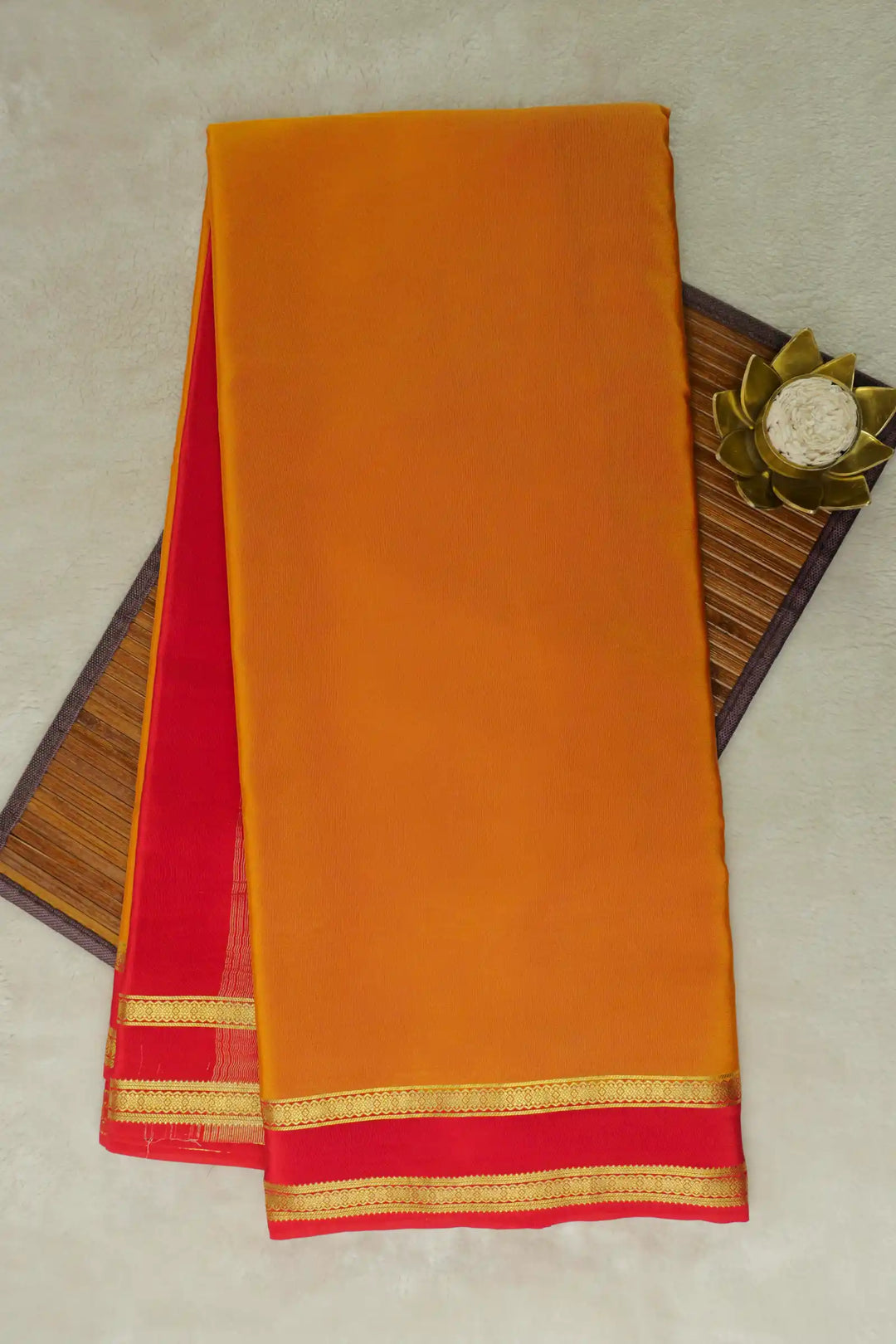 Orange Mysore Silk Saree with Red Border and Gold Zari
