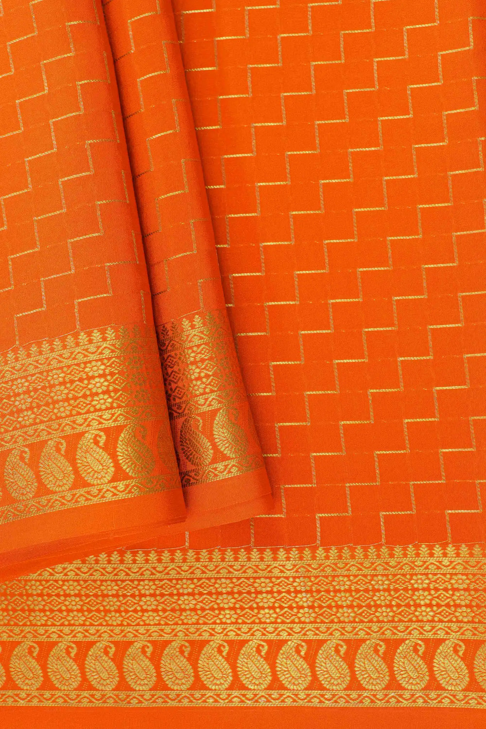 Orange Mysore Silk Saree with woven pattern and gold border