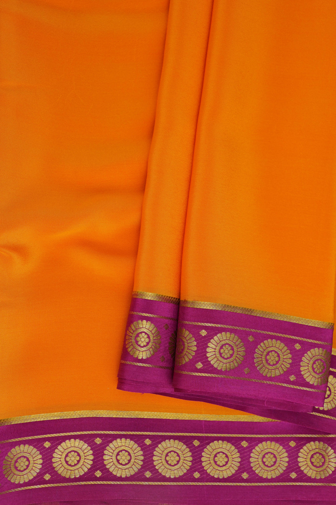 Orange Mysore crepe silk saree with pink border